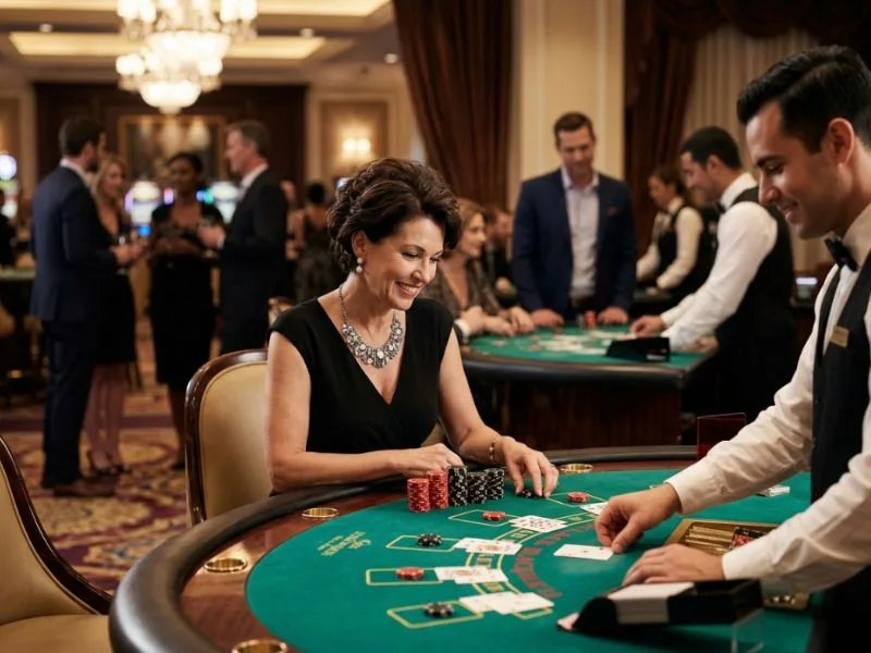 Refined woman surrounded by casino glamour for how to register online casino in Philippines