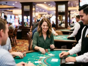 Chic woman enjoying a thrilling casino night with Jili Online Casino Free 200PHP offers