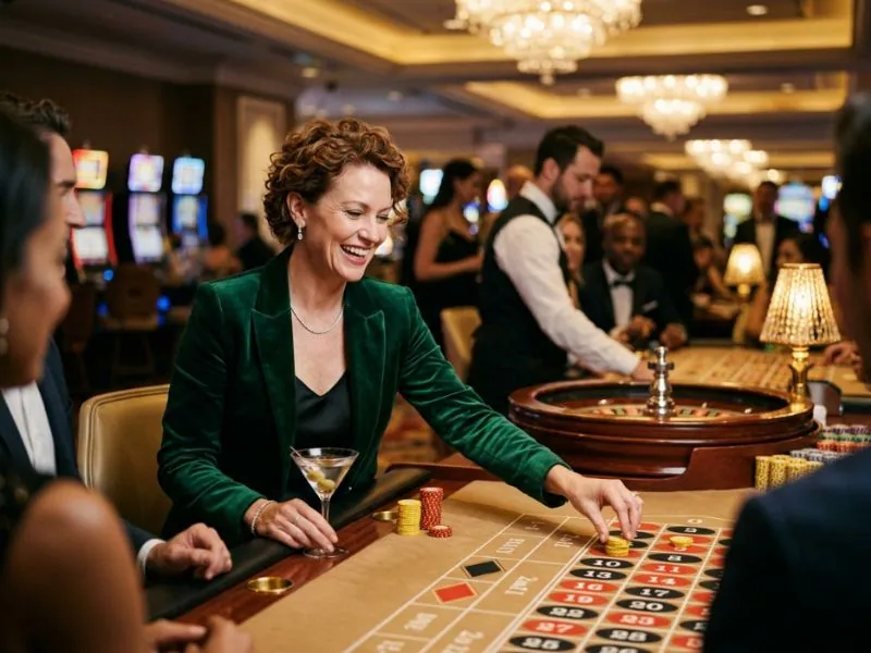 Sophisticated lady smiling while playing at a glamorous casino table in Kings Casino