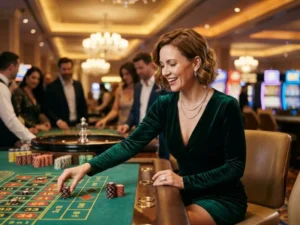 Stylish woman admiring vibrant casino atmosphere under bright lights at Kings Casino