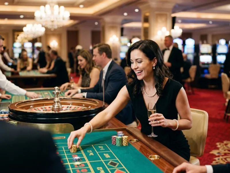 Beautiful lady smiling confidently while exploring a low deposit online casino floor