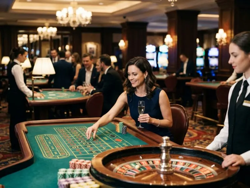 Graceful lady celebrating a memorable evening at a low deposit online casino resort