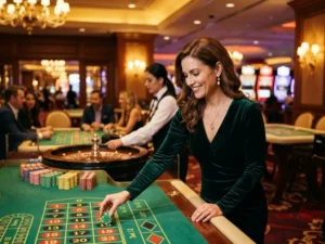 Beautiful woman enjoying a relaxing luxury casino experience at lucky cola.com casino