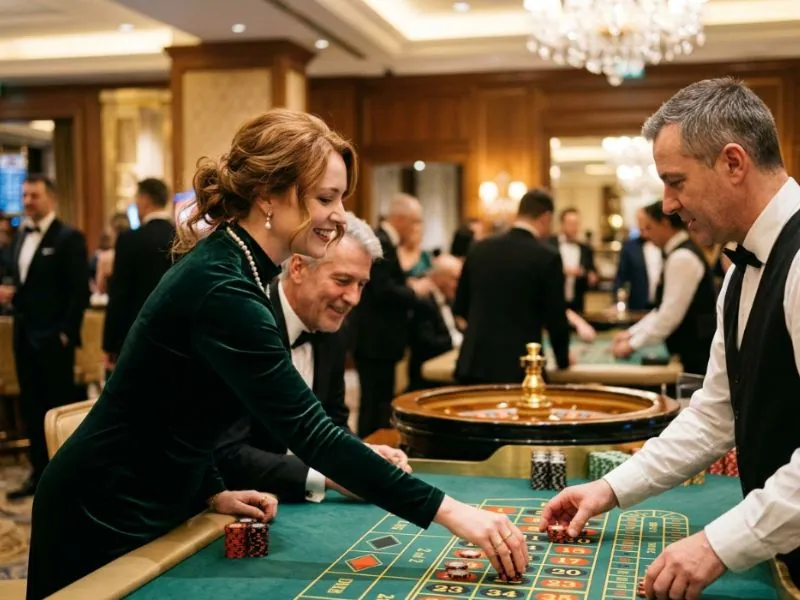 Fashionable lady celebrating a winning moment at lucky cola.com casino inside an upscale casino
