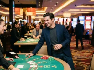 Elegant man surrounded by bright casino lights for Lucky Cola Online Casino