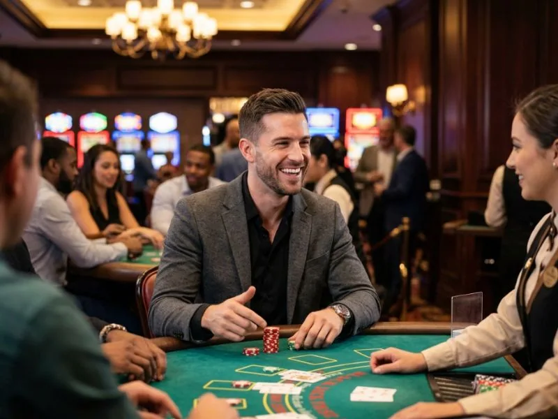 Well-dressed man celebrating a winning casino moment for Lucky Cola Online Casino