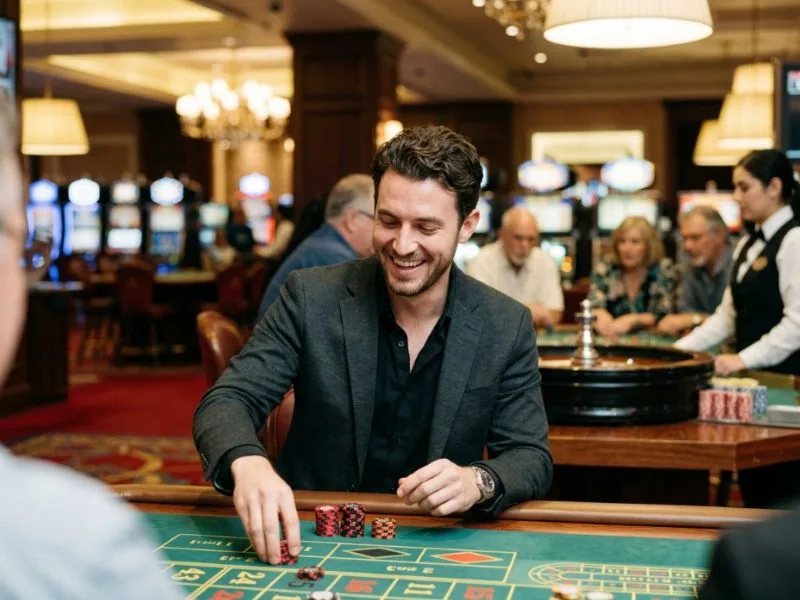 Confident man smiling while playing at casino table for Luckystar Online Casino