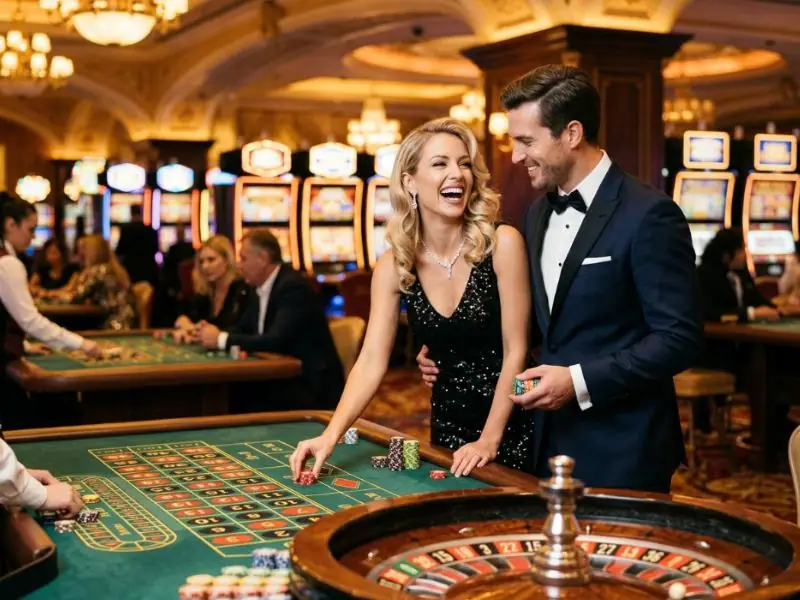 Sophisticated couple experiencing busy casino floor for Online Casino ni Manny Pacquiao