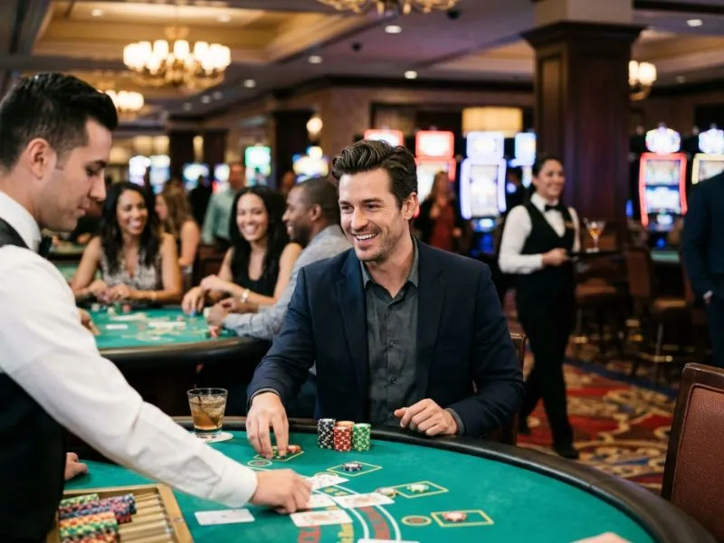Stylish man trying his luck at a casino with confidence for Online Casino ni Manny Pacquiao