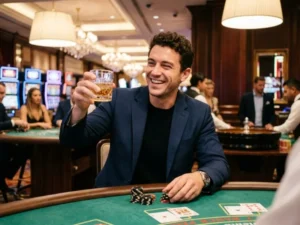 Charming man relaxing in vibrant casino atmosphere for PH MOBA Online Casino