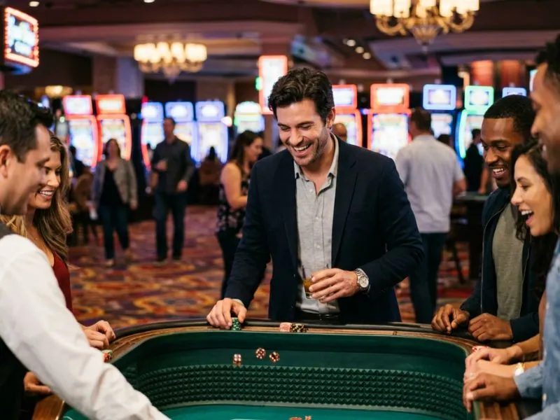Elegant man surrounded by bright casino lights for PH MOBA Online Casino