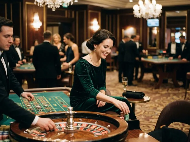 Chic woman surrounded by dazzling casino lights at the Pito777 online casino gaming experience