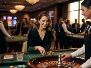 Stylish woman admiring vibrant casino lights for Q25 Online Casino experience